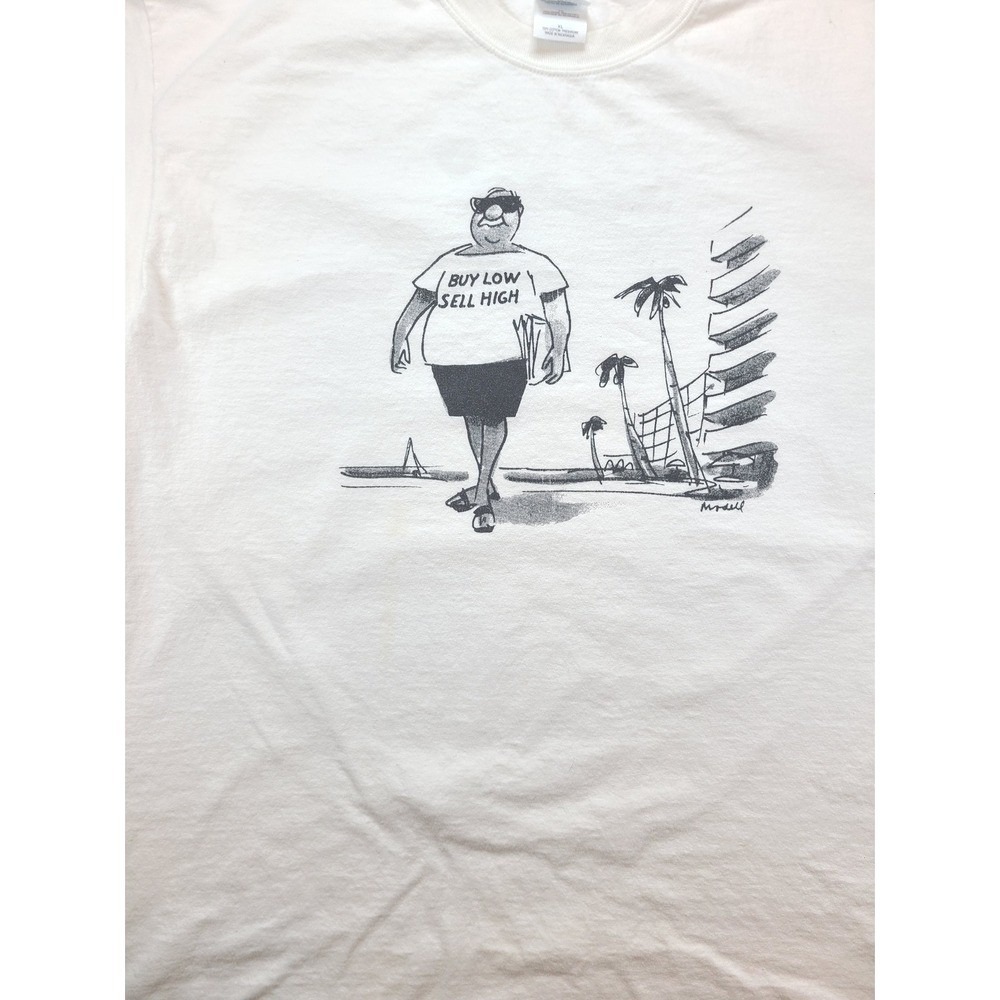 Gildan Ultra Cotton Buy Low Sell High Cartoon Graphic Print Men XL T-Shirt White